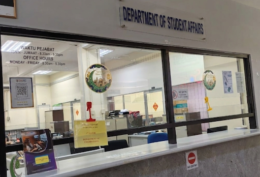 Department of Student Affairs service counter — look for this window to reach the DSA desk